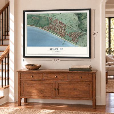 Seacliff, California map, 24 x 36 inch print in a black frame above a dresser by a staircase