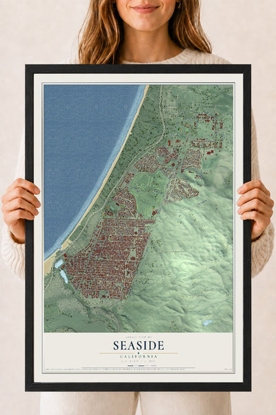 Map of Seaside, California, 18 x 24 inch print in a black wood frame