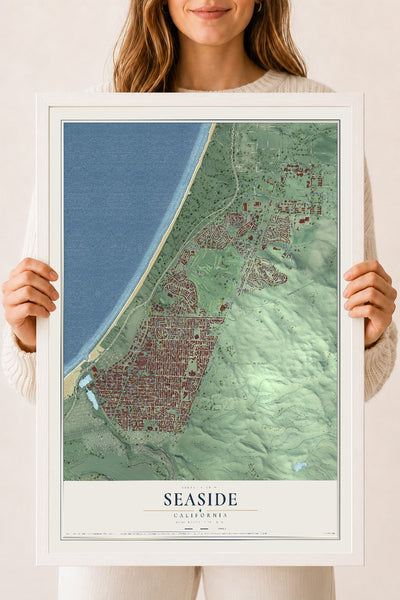 Map of Seaside, California, 18 x 24 inch print in a white wood frame