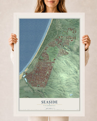 Map of Seaside, California, 24 x 36 inch print in a white wood frame