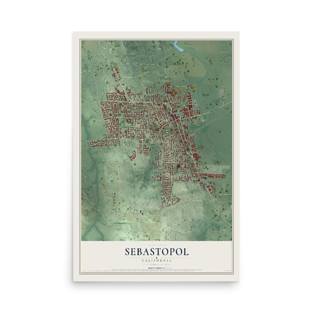 Map of Sebastopol, California, 12 x 18 inch unframed archival matte print