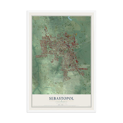 Map of Sebastopol, California, 12 x 18 inch print in a white wood frame