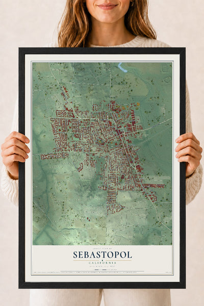 Map of Sebastopol, California, 18 x 24 inch print in a black wood frame