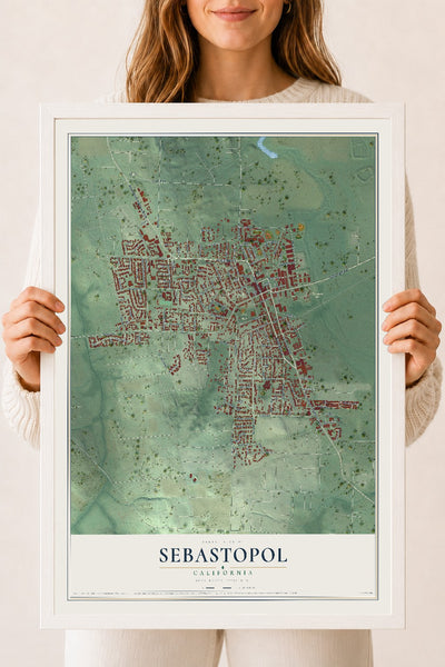 Map of Sebastopol, California, 18 x 24 inch print in a white wood frame