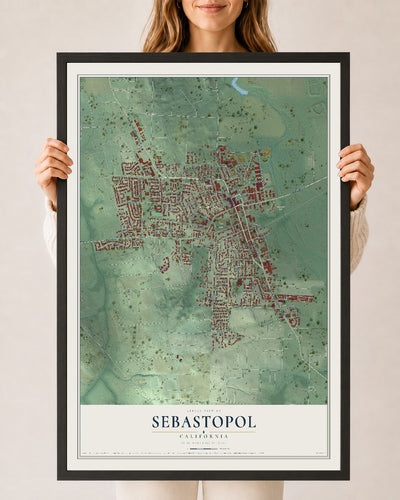 Map of Sebastopol, California, 24 x 36 inch print in a black wood frame