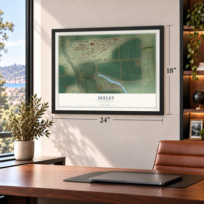Seeley, California map, 18 x 24 inch print in a black frame in a home office