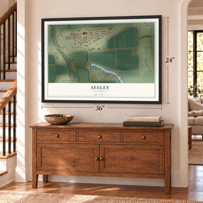 Seeley, California map, 24 x 36 inch print in a black frame above a dresser by a staircase