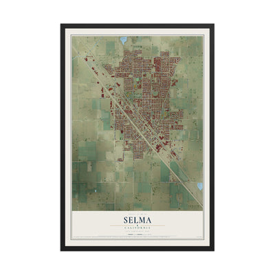 Map of Selma, California, 12 x 18 inch print in a black wood frame