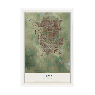 Map of Selma, California, 12 x 18 inch print in a white wood frame