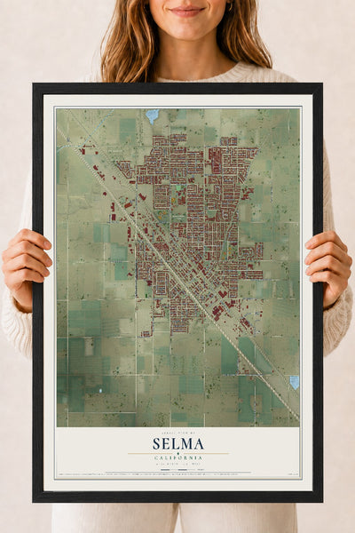 Map of Selma, California, 18 x 24 inch print in a black wood frame