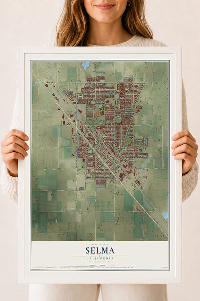 Map of Selma, California, 18 x 24 inch print in a white wood frame
