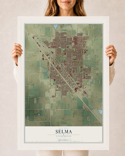 Map of Selma, California, 24 x 36 inch print in a white wood frame