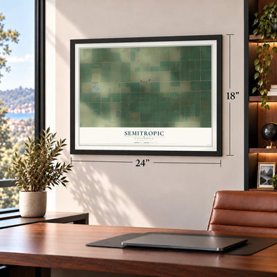 Semitropic, California map, 18 x 24 inch print in a black frame in a home office