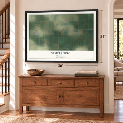 Semitropic, California map, 24 x 36 inch print in a black frame above a dresser by a staircase