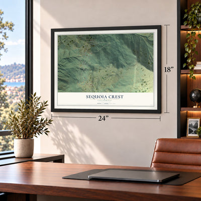 Sequoia Crest, California map, 18 x 24 inch print in a black frame in a home office