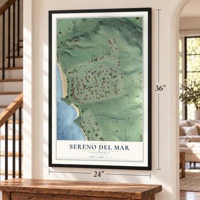 Sereno del Mar, California map, 24 x 36 inch print in a black frame by a staircase