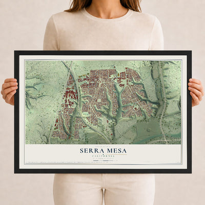 Map of Serra Mesa, California, 12 x 18 inch print in a black wood frame