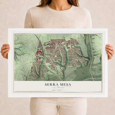 Map of Serra Mesa, California, 12 x 18 inch print in a white wood frame