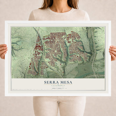 Map of Serra Mesa, California, 18 x 24 inch print in a white wood frame