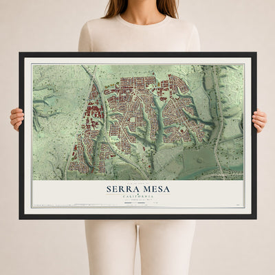 Map of Serra Mesa, California, 24 x 36 inch print in a black wood frame