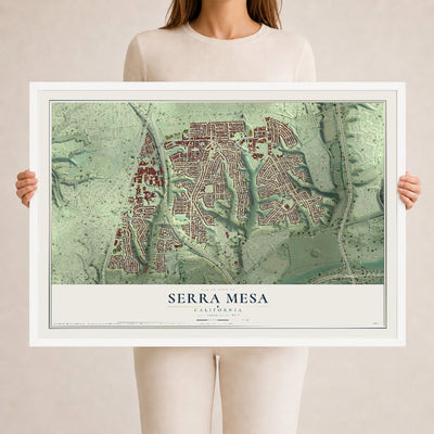 Map of Serra Mesa, California, 24 x 36 inch print in a white wood frame