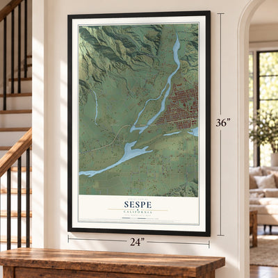 Sespe, California map, 24 x 36 inch print in a black frame by a staircase