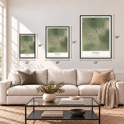 Seville, California map in 12 x 18, 18 x 24 and 24 x 36 inch sizes above a sofa