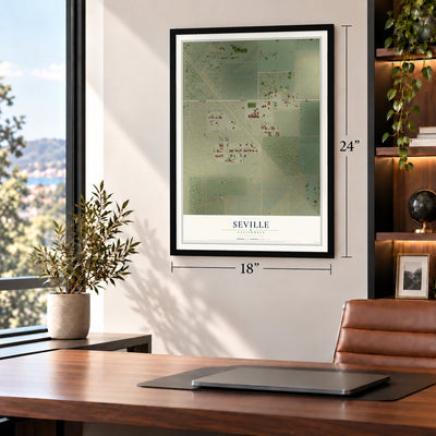 Seville, California map, 18 x 24 inch print in a black frame in a home office
