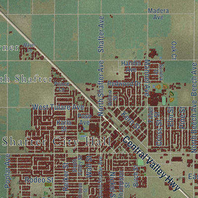 Close-up of the map of Shafter, California print showing street and building detail