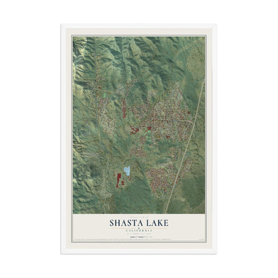 Map of Shasta Lake, California, 12 x 18 inch print in a white wood frame