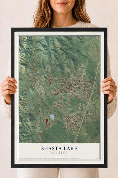 Map of Shasta Lake, California, 18 x 24 inch print in a black wood frame