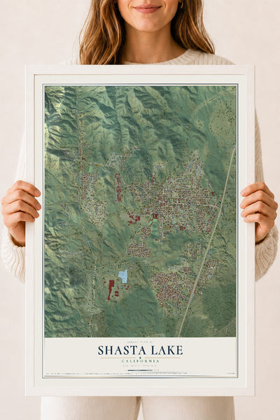 Map of Shasta Lake, California, 18 x 24 inch print in a white wood frame