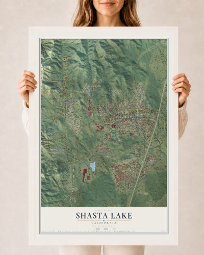 Map of Shasta Lake, California, 24 x 36 inch print in a white wood frame