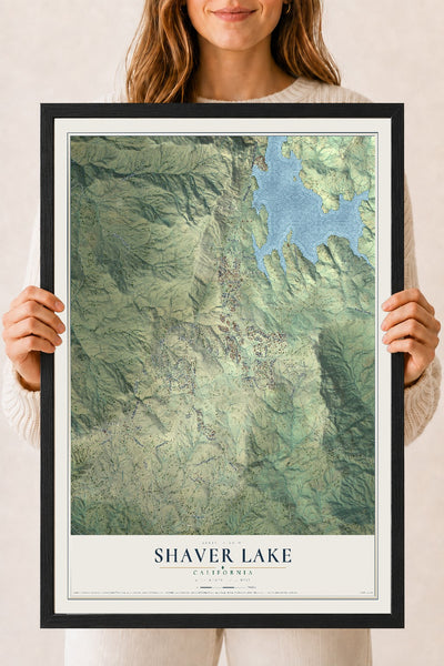 Map of Shaver Lake, California, 18 x 24 inch print in a black wood frame