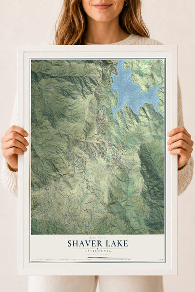 Map of Shaver Lake, California, 18 x 24 inch print in a white wood frame