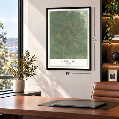Sheridan, California map, 18 x 24 inch print in a black frame in a home office
