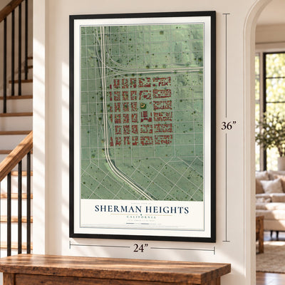 Sherman Heights, California map, 24 x 36 inch print in a black frame by a staircase