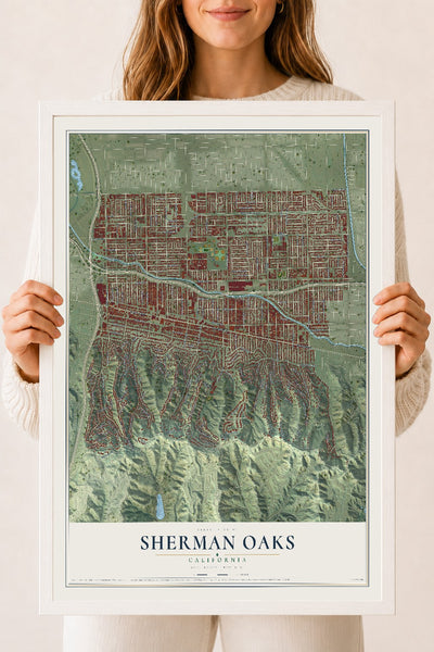 Map of Sherman Oaks, California, 18 x 24 inch print in a white wood frame