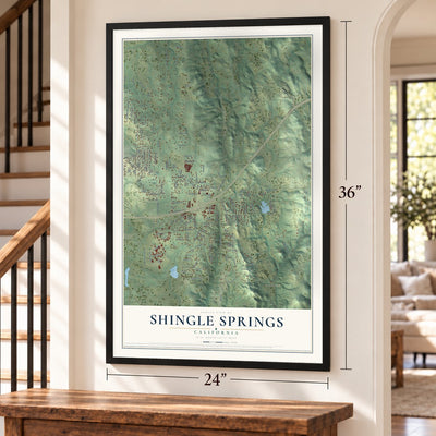 Shingle Springs, California map, 24 x 36 inch print in a black frame by a staircase