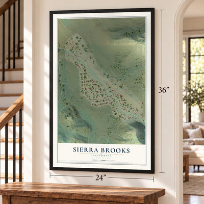 Sierra Brooks, California map, 24 x 36 inch print in a black frame by a staircase