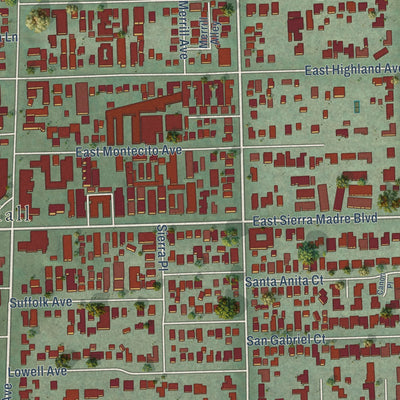 Second close-up of the map of Sierra Madre, California print showing more streets and buildings