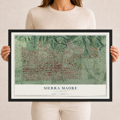 Map of Sierra Madre, California, 12 x 18 inch print in a black wood frame