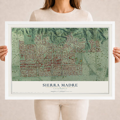 Map of Sierra Madre, California, 18 x 24 inch print in a white wood frame