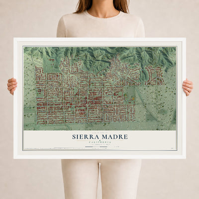 Map of Sierra Madre, California, 24 x 36 inch print in a white wood frame