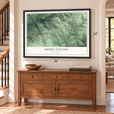 Sierra Village, California map, 24 x 36 inch print in a black frame above a dresser by a staircase