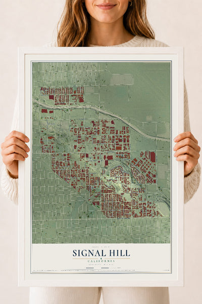 Map of Signal Hill, California, 18 x 24 inch print in a white wood frame