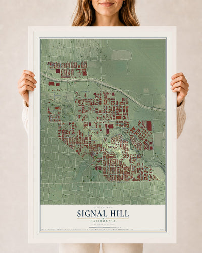 Map of Signal Hill, California, 24 x 36 inch print in a white wood frame