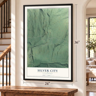 Silver City, California map, 24 x 36 inch print in a black frame by a staircase