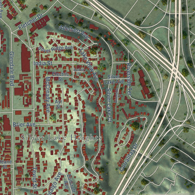 Second close-up of the map of Silver Lake, California print showing more streets and buildings