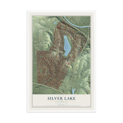 Map of Silver Lake, California, 12 x 18 inch print in a white wood frame